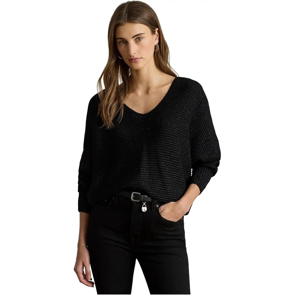 Ralph Lauren Black Label Sz S Black Metallic Fiber Cable Knit Sweater NWOT